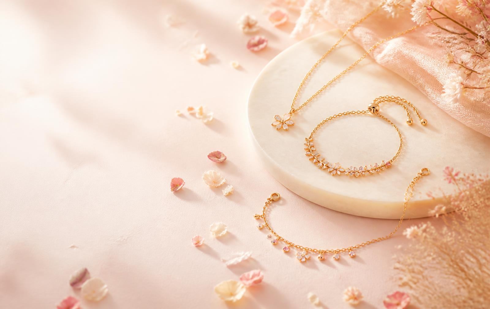 Gold bracelet, pendant and anklet arranged on blush silk with dried flowers